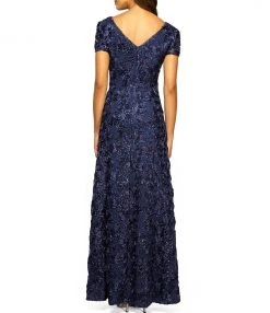 Alex Evenings - Rosette Lace Sequin Short Sleeve A-Line Gown 212788 - 1 Pc Navy In Size 12P Available Formal Gowns