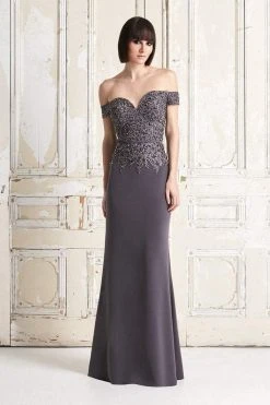 Alexander By Daymor Jeweled Embroidered Lace Off Shoulder Gown 759 - 1 Pc Slate In Size 6 Available Formal Gowns