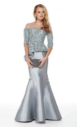 Formal Gowns Alyce Paris - 27002 Illusion Off-Shoulder Lace Top Mikado Trumpet Dress - 1 Pc Storm Grey In Size 18 Available