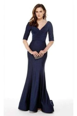 Alyce Paris - 27016 Half Sleeves V Neck Mermaid Evening Dress - 1 Pc Navy In Size 14 Available Formal Gowns