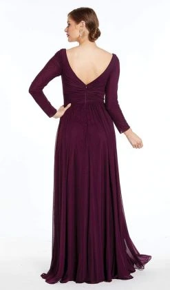 Formal Gowns Alyce Paris - 27304 Long Sleeves V Neck Jersey Dress With Slit - 2 Pc Claret In Size 16 And 20 Available