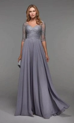 Alyce Paris - 27475 Embroidered V-neck Long Dress - 1 Pc Grey In Size 16 Available