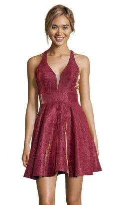 Alyce Paris - 4182 Plunging Neck Iridescent Taffeta Cocktail Dress - 1 Pc Raspberry In Size 20 Available