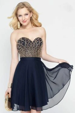 Alyce Paris - 46573 Bejeweled Sweetheart A-line Dress - 1 Pc Navy Gold In Size 10 Available Cocktail Dresses