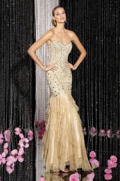 Alyce Paris 5611 Strapless Ruffle Accented Trumpet Gown In Champagne Formal Gowns