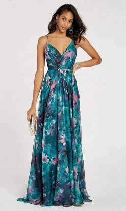Alyce Paris - 60447 Floral Printed Plunging Vneck Chiffon A-line Dress