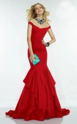 Alyce Paris Adorned Illusion Off Shoulder Ruffled Trumpet Gown 2551 - 1 Pc. Red In Size 6 Available Formal Gowns