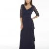 Alyce Paris - Beaded Lace V Neck Quarter Sleeve Wrap Gown 27242 - 1 Pc Navy In Size 14 Available Formal Gowns