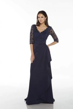 Alyce Paris - Beaded Lace V Neck Quarter Sleeve Wrap Gown 27242 - 1 Pc Navy In Size 14 Available Formal Gowns