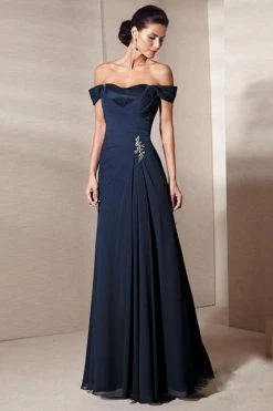 Alyce Paris - Mother Of The Bride - 29300 Draped Off-Shoulder Rhinestone Brooch Accent A-Line Gown - 1 Pc Navy In Size 8 Available Formal Gowns