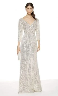 Alyce Paris - Quarter Sleeve Sequined Long Dress 27358 - 1 Pc Wine In Size 14 Available