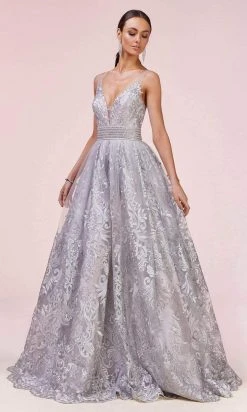 Andrea And Leo - A0620 Embroidered Lace Deep V Neck Ballgown Formal Gowns