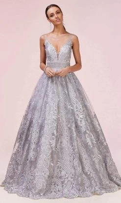 Andrea And Leo - A0620 Embroidered Lace Deep V Neck Ballgown Formal Gowns