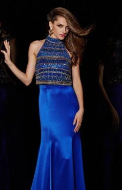 Angela & Alison - 51001 Bedazzled High Halter Trumpet Dress