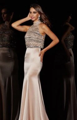 Angela & Alison - 51001 Bedazzled High Halter Trumpet Dress