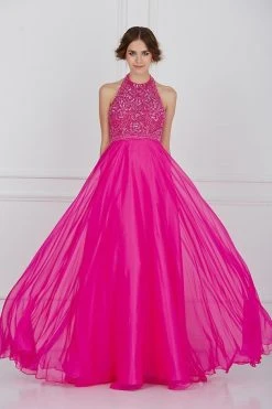 Formal Gowns Angela & Alison - 61009 Floral Beaded High Halter Tulle Gown