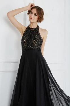 Formal Gowns Angela & Alison - 61009 Floral Beaded High Halter Tulle Gown