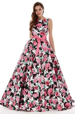 Angela & Alison - 62046 Sleeveless Bateau Neck Floral Ballgown - 1 Pc Black/Floral In Size 8 Available