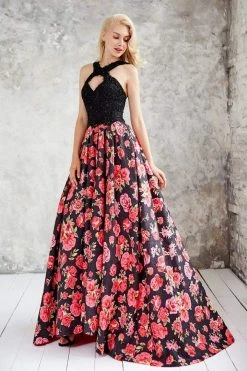Formal Gowns Angela & Alison - 71096 Embellished Halter Floral A-line Dress