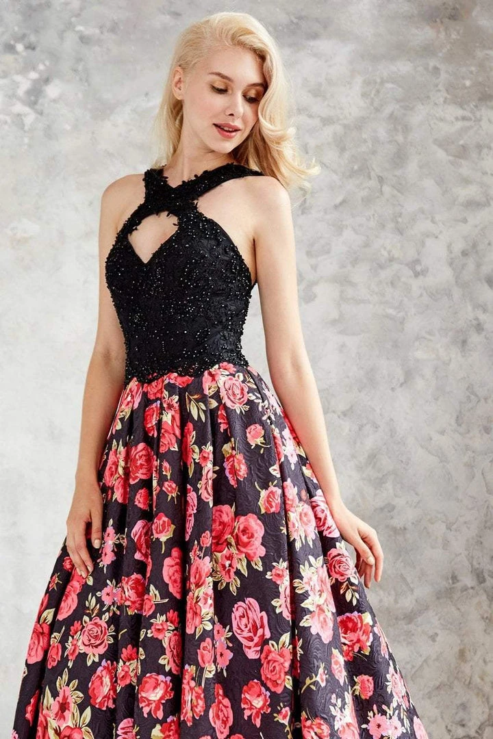Formal Gowns Angela & Alison - 71096 Embellished Halter Floral A-line Dress 6 Formal Gowns Angela & Alison - 71096 Embellished Halter Floral A-line Dress