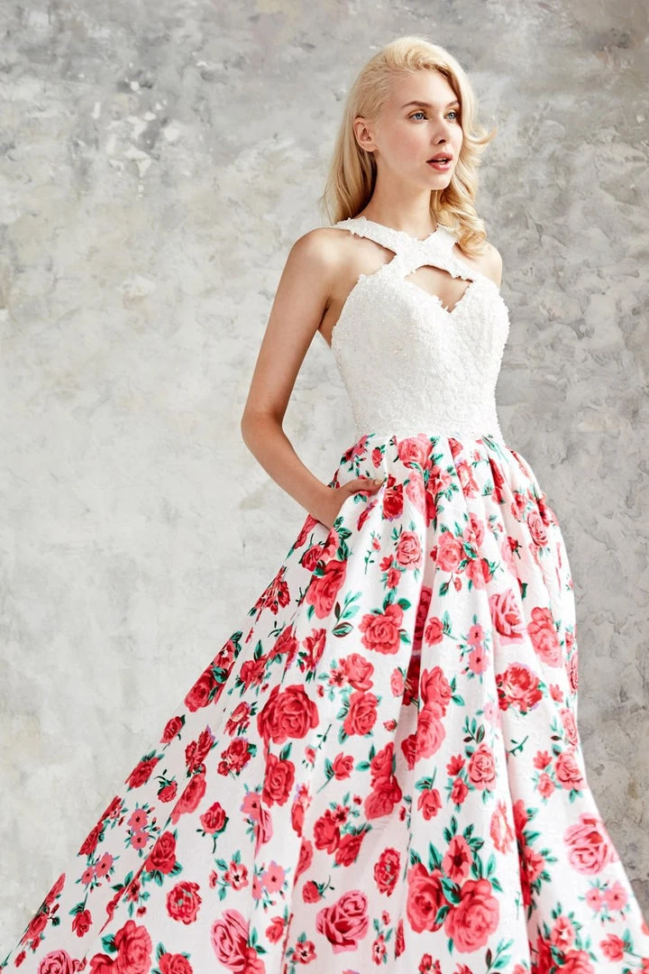 Formal Gowns Angela & Alison - 71096 Embellished Halter Floral A-line Dress 9 Formal Gowns Angela & Alison - 71096 Embellished Halter Floral A-line Dress