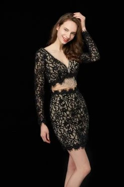 Angela & Alison - 72036 Bedazzled Long Sleeve Lace Sheath Dress Cocktail Dresses