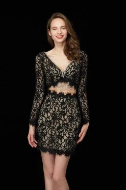 Angela & Alison - 72036 Bedazzled Long Sleeve Lace Sheath Dress Cocktail Dresses