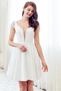 Angela & Alison - 72047 Beaded Cap Sleeves Plunging Cocktail Dress Cocktail Dresses