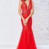 Angela & Alison - 771142 Laced And Beaded Deep V Neck Fit And Flare Gown Formal Gowns