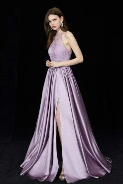 Angela & Alison - 81015 Ornate Illusion High Halter High Slit Gown