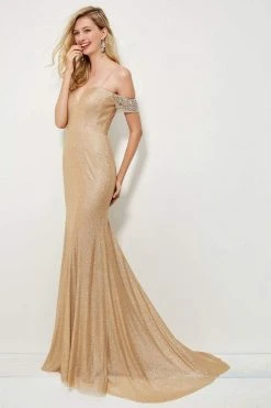 Angela & Alison - 81021 Bejeweled Off Shoulder Glitter Sheath Gown Formal Gowns