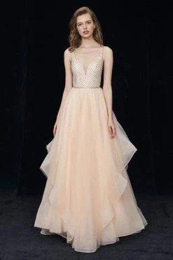 Angela & Alison - 81035 Lattice Plunging Pleated Evening Gown Formal Gowns