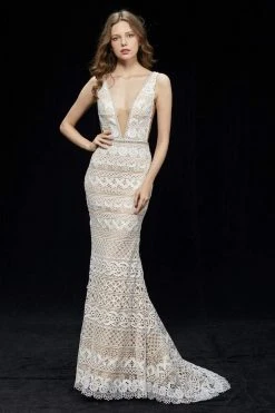 Formal Gowns Angela & Alison - 81064 Embroidered Deep V-neck Sheath Dress