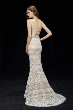 Formal Gowns Angela & Alison - 81064 Embroidered Deep V-neck Sheath Dress