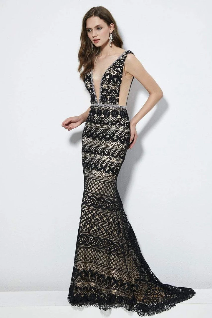 Formal Gowns Angela & Alison - 81064 Embroidered Deep V-neck Sheath Dress 6 Formal Gowns Angela & Alison - 81064 Embroidered Deep V-neck Sheath Dress
