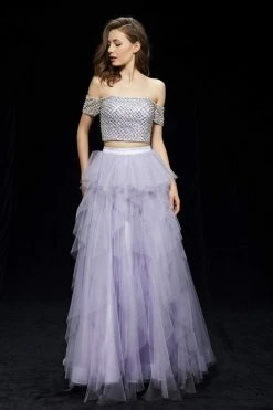 Angela & Alison - 81082 Bedazzled Two Piece Off Shoulder Dress