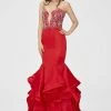 Angela & Alison - 81139 Beaded Embellished Plunging Illusion Neck Ruffled Mermaid Gown - 1 Pc Hot Red In Size 6 Available