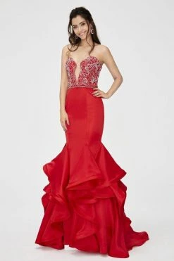 Angela & Alison - 81139 Beaded Embellished Plunging Illusion Neck Ruffled Mermaid Gown - 1 Pc Hot Red In Size 6 Available