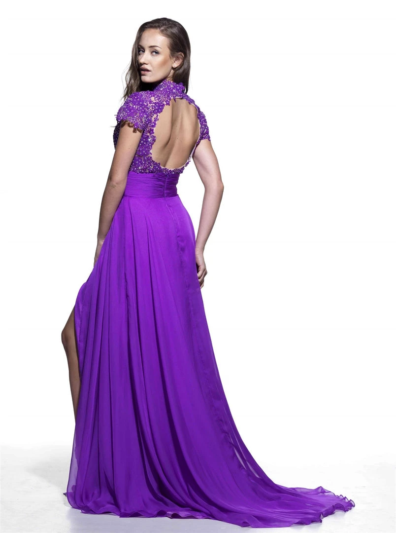 Formal Gowns Angela & Alison - 951009 Lace Cap Sleeve High Slit Long Dress 4 Formal Gowns Angela & Alison - 951009 Lace Cap Sleeve High Slit Long Dress