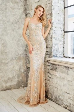 Angela & Alison - 971139 Crystal Embellished Sheer Fitted Dress Formal Gowns