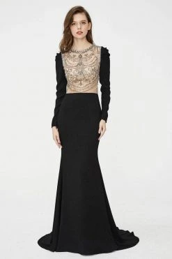Angela & Alison - Illusion Embellished Trumpet Evening Dress 81056 - 1 Pc Black In Size 14 Available