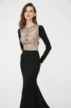 Angela & Alison - Illusion Embellished Trumpet Evening Dress 81056 - 1 Pc Black In Size 14 Available