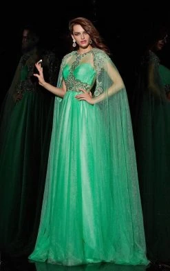 Angela & Alison Ornate Illusion Caped Tulle Ballgown - 1 Pc Spring Green In Size Large Available Formal Gowns