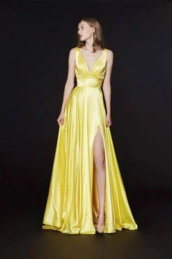 Angela & Alison - Ruched Plunging V-Neck Gown With Slit 91041 - 1 Pc Yellow In Size 4 Available Formal Gowns