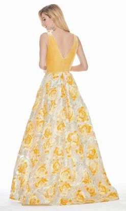 Ashley Lauren - 1345 Sleeveless Velvet Bodice Metallic Brocade Ballgown - 1 Pc Yellow/Multi In Size 4 Available Formal Gowns