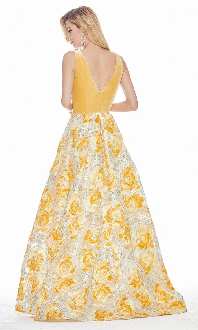 Ashley Lauren - 1345 Sleeveless Velvet Bodice Metallic Brocade Ballgown - 1 Pc Yellow/Multi In Size 4 Available Formal Gowns 4 Ashley Lauren - 1345 Sleeveless Velvet Bodice Metallic Brocade Ballgown - 1 Pc Yellow/Multi In Size 4 Available Formal Gowns