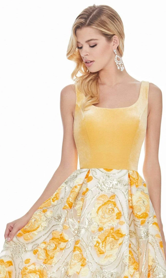Ashley Lauren - 1345 Sleeveless Velvet Bodice Metallic Brocade Ballgown - 1 Pc Yellow/Multi In Size 4 Available Formal Gowns 5 Ashley Lauren - 1345 Sleeveless Velvet Bodice Metallic Brocade Ballgown - 1 Pc Yellow/Multi In Size 4 Available Formal Gowns