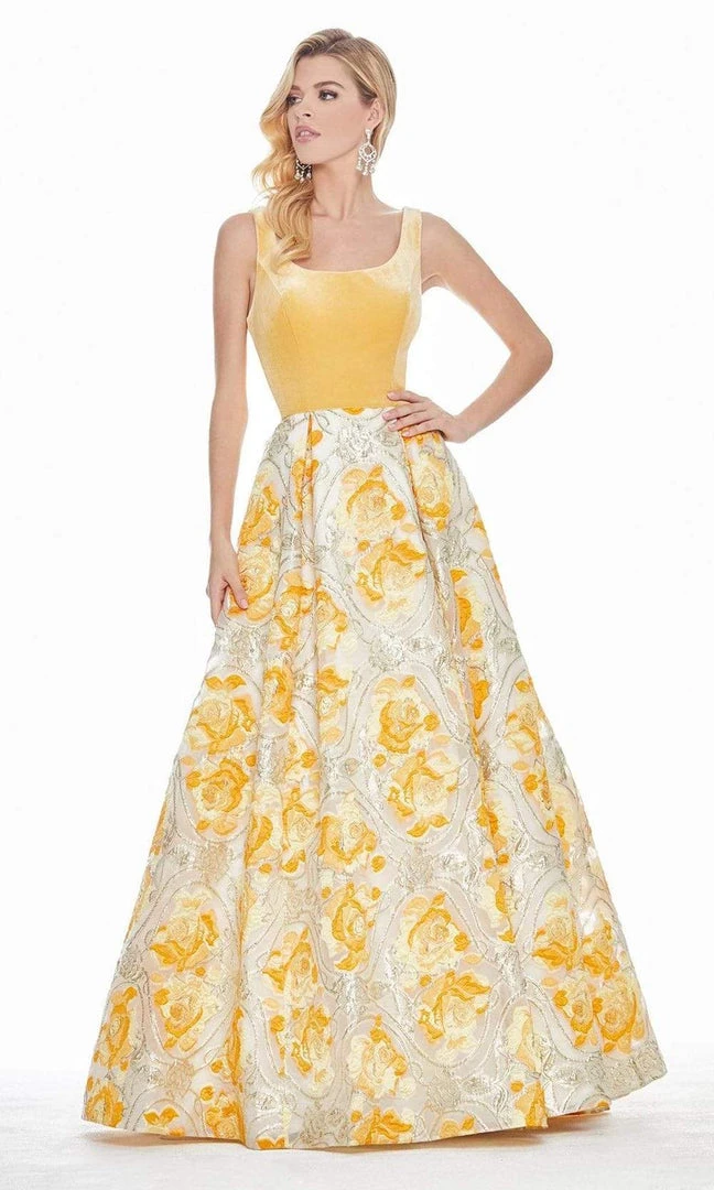 Ashley Lauren - 1345 Sleeveless Velvet Bodice Metallic Brocade Ballgown - 1 Pc Yellow/Multi In Size 4 Available Formal Gowns 3 Ashley Lauren - 1345 Sleeveless Velvet Bodice Metallic Brocade Ballgown - 1 Pc Yellow/Multi In Size 4 Available Formal Gowns