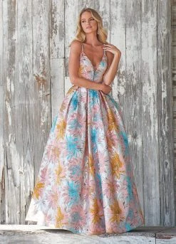 Ashley Lauren - 1369 Deep V-neck Brocade Pleated Ballgown Dress Formal Gowns 11 Ashley Lauren - 1369 Deep V-neck Brocade Pleated Ballgown Dress Formal Gowns