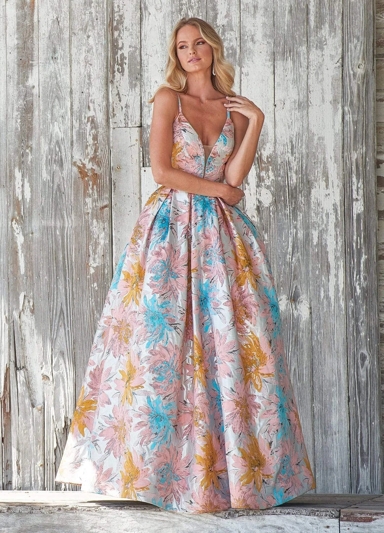 Ashley Lauren - 1369 Deep V-neck Brocade Pleated Ballgown Dress Formal Gowns 6 Ashley Lauren - 1369 Deep V-neck Brocade Pleated Ballgown Dress Formal Gowns